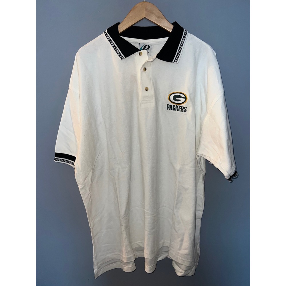 Vintage Dynasty Green Bay Packers Polo Shirt‎ Mens XL White Herringbone NFL Logo
